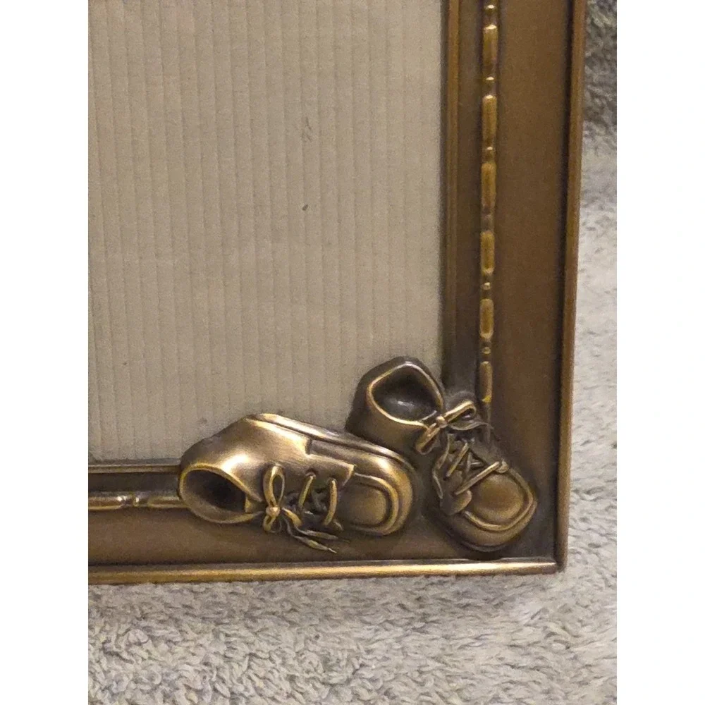 Vintage Baby Picture Frame Brushed Metal 3D Baby Booties Small Holds 3.5x4.5